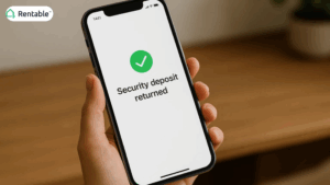 woman holds phone gets her deposit returned with Rentable security deposit alternative software