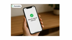 woman holds phone gets her deposit returned with Rentable security deposit alternative software